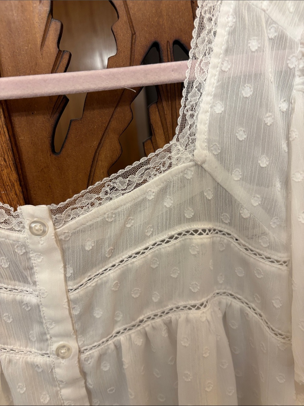Boho Swiss Dot Lace-Trim Button Front Women's Blouse in White - Picture 4 of 6